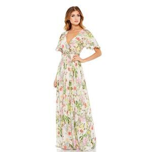 Mac Duggal Faux Wrap Flutter Sleeve Maxi Dress Floral Multi 9079 Women's Size 8